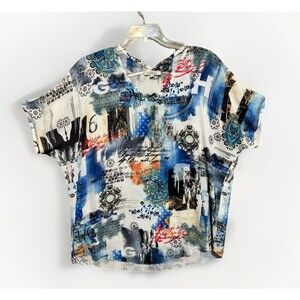 Jess & Jane Blouse Script Top Abstract Pullover Women's L  Short Sleeve Colorful